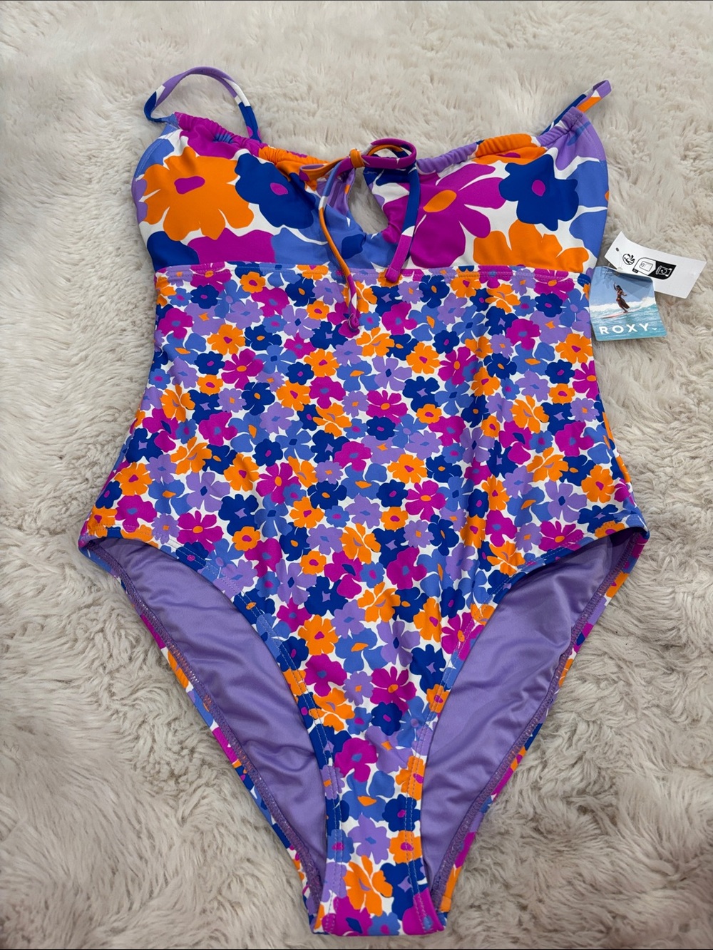 Roxy Purple One-Piece Swimsuit with Orange, Pink & Blue Floral Pattern